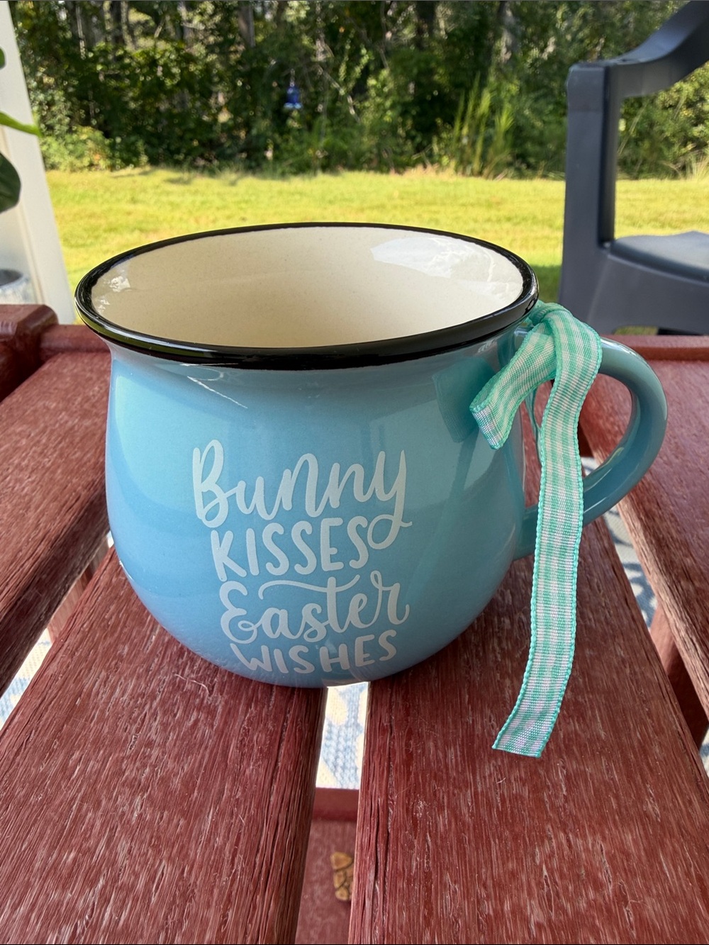 Light Blue Ceramic 'Bunny Kisses Easter Wishes' Mug with Ribbon Accent